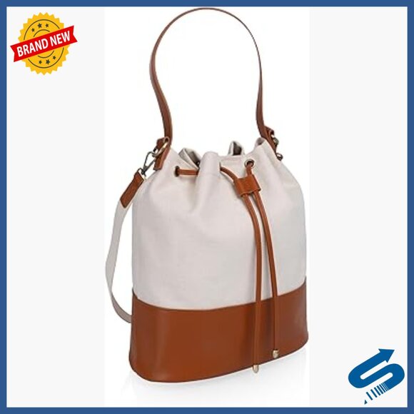 Handbags - Canvas & Vegan Leather Tote with Drawstring Closure, Adjustable Strap